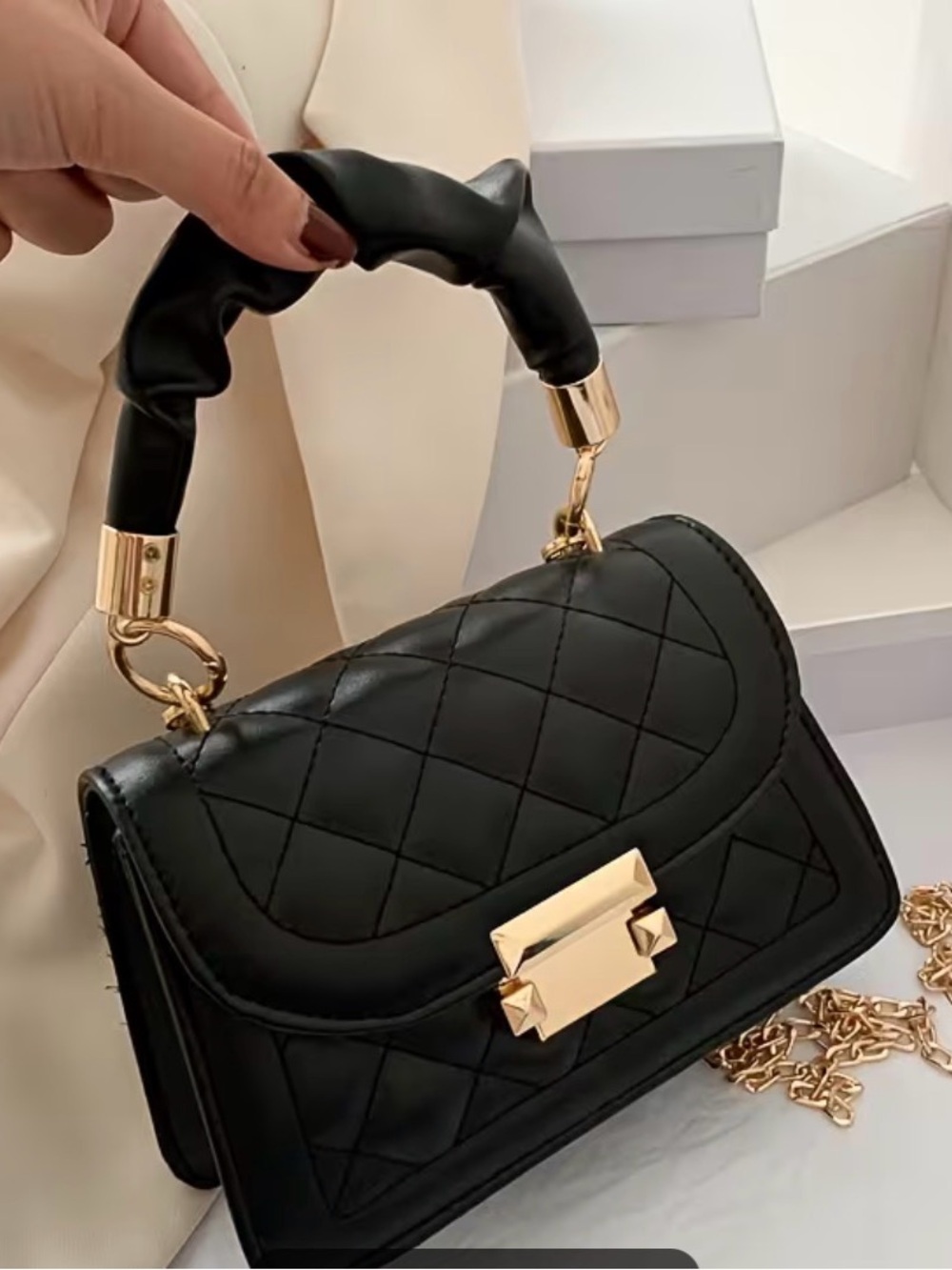 Quilted Black Top-Handle Shoulder Bag with Gold Hardware